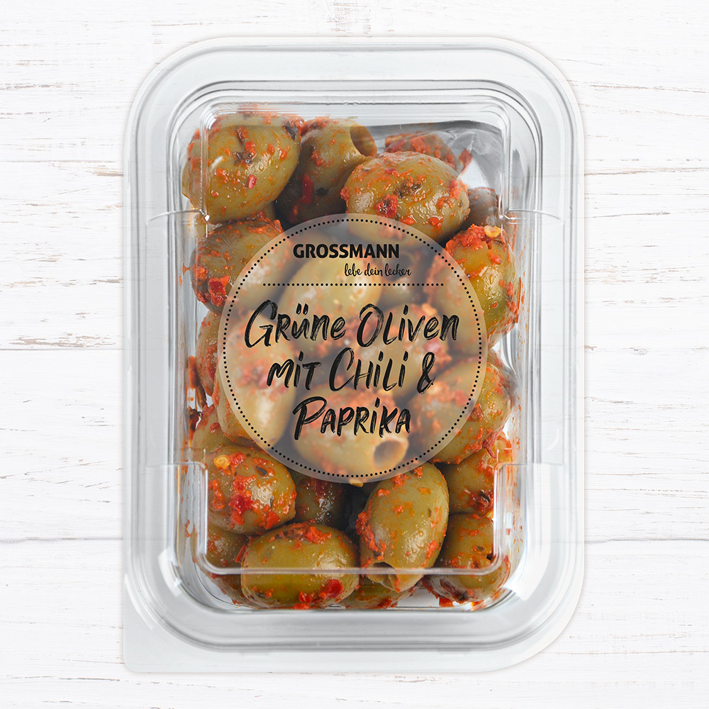 Grüne Oliven mit Chili &amp; Paprika - GROSSMANN